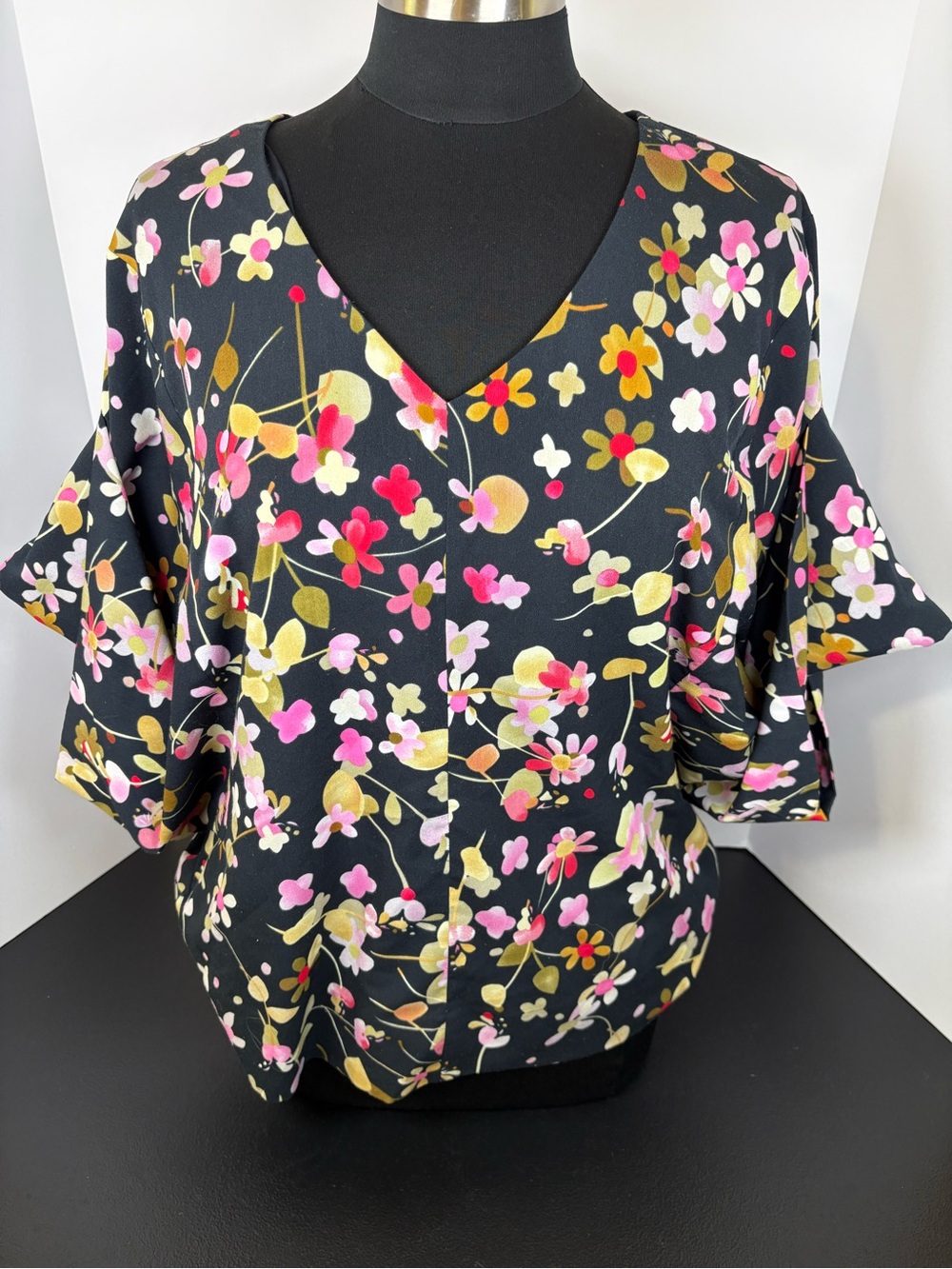 CAbi Black Floral V-Neck Flutter Sleeve Blouse
